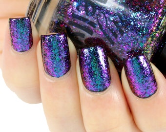 Nail Polish, Indie Nail Polish, Flakie Top Coat, Color Shifting Glitter, Ultra Multichrome Nail Lacquer, Cyan Blue Nails, Flake, MAELSTROM