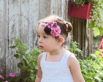 Butterfly Baby Headband, Burgundy Baby Headband, Wine Flower Headband, Rose Burlap, Newborn Photo Prop, Baby Shower Gift, Pink Wine Headband