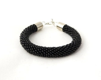 Black Bracelet, Bead Crochet Bracelet, Beaded Bracelet, Magnet Clasp, Gothic Bracelet, Black Rope Bracelet, Noir Bracelet, Frosted Black