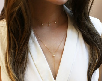 Pearl Dangle and Lariat Necklace Set // Choker Necklace // Lariat Necklace // Dainty Necklace