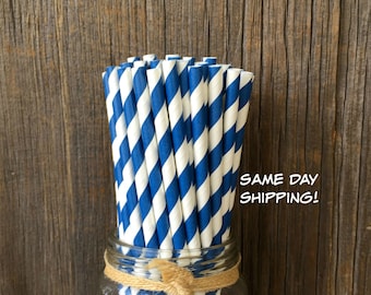 100 Navy Striped Paper Straws, Patriotic Party, Birthday Party, Wedding, Vintage Striped Straws