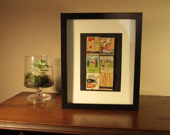 Vintage Framed Matchboxes Collage Unique Wall Art 60's - 70's Bowling Pin-Up, Golfing Mid Century Modern Cartoon Black 8 x 10 Frame Man Cave