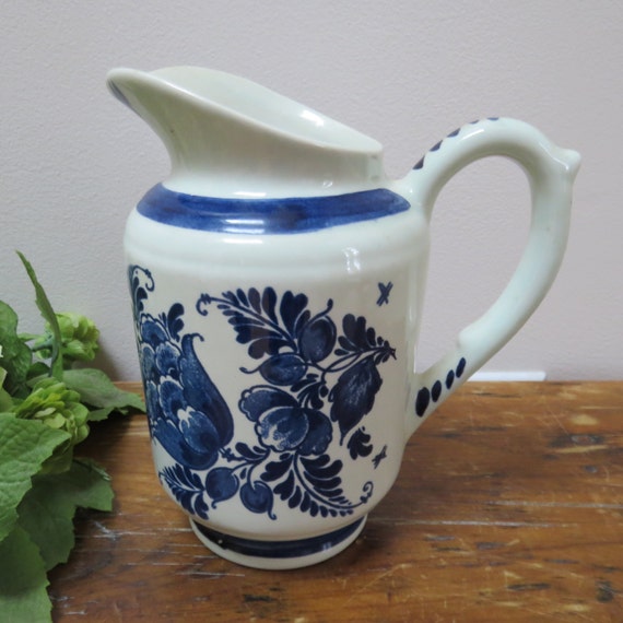 White Pitcher and delft Blue Delft knife Blue cheese Vintage Handpainted White Pitcher and delft Blue Delft knife Blue cheese Vintage Handpainted
