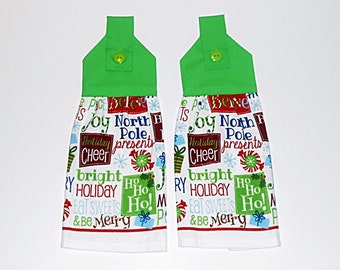 Hanging Kitchen Towels, Hanging Dish Towels- Set of 2 - Holiday Greetings, Holiday, Christmas Cheer,