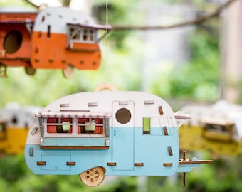 Vintage Camper Bird House. Scale model playset you can build and use! Bring back the love of travel and camping with a miniature trailer
