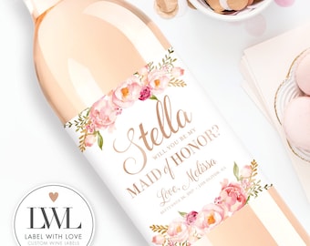 Will You Be My Bridesmaid Wine Labels - Watercolor Floral Custom Wine Labels Ask Bridesmaid Thank You Maid of Honor Gift