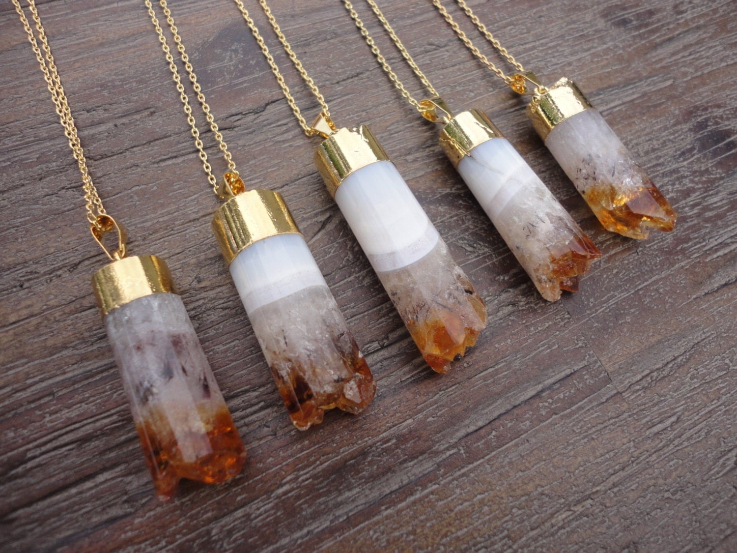 Citrine Raw Crystal Gold Pendant Necklace/Round Cut/Cylindrical Geode Drop/Amber/Crystal/Gold and White