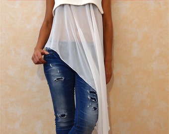 Party Top, Tunic Top, White Tunic, Fashion Chiffon Tunic, Asymmetric Tunic, Trendy Blouse, Long Sexy Tunic, Tunic Dress by CARAMELfs T4515