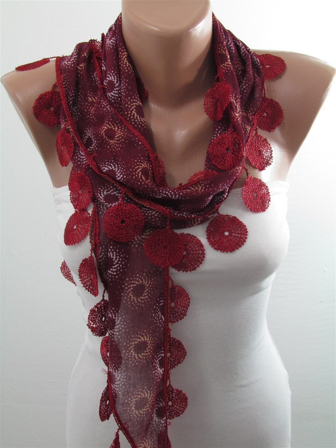 Soft Cotton Gauze Scarf Deep Red Cowl Scarf with laced by Derins