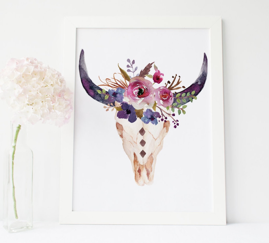 Cow Skull With Flower Digital Print Floral Animal Skull Boho