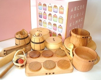 Kitchen set (29 pcs) in wood box for kids play. Wooden dishes set. Kids food play set. Kids kitchen play set