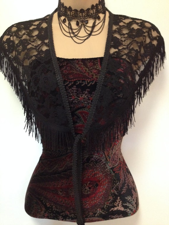 SALE!!! Downton Abbey shawl,Handmade capelet, fringed black lace collar, vintage-inspired accessory, shawl, scarf, wedding wrap, romantic by LaceAtMidnight steampunk buy now online