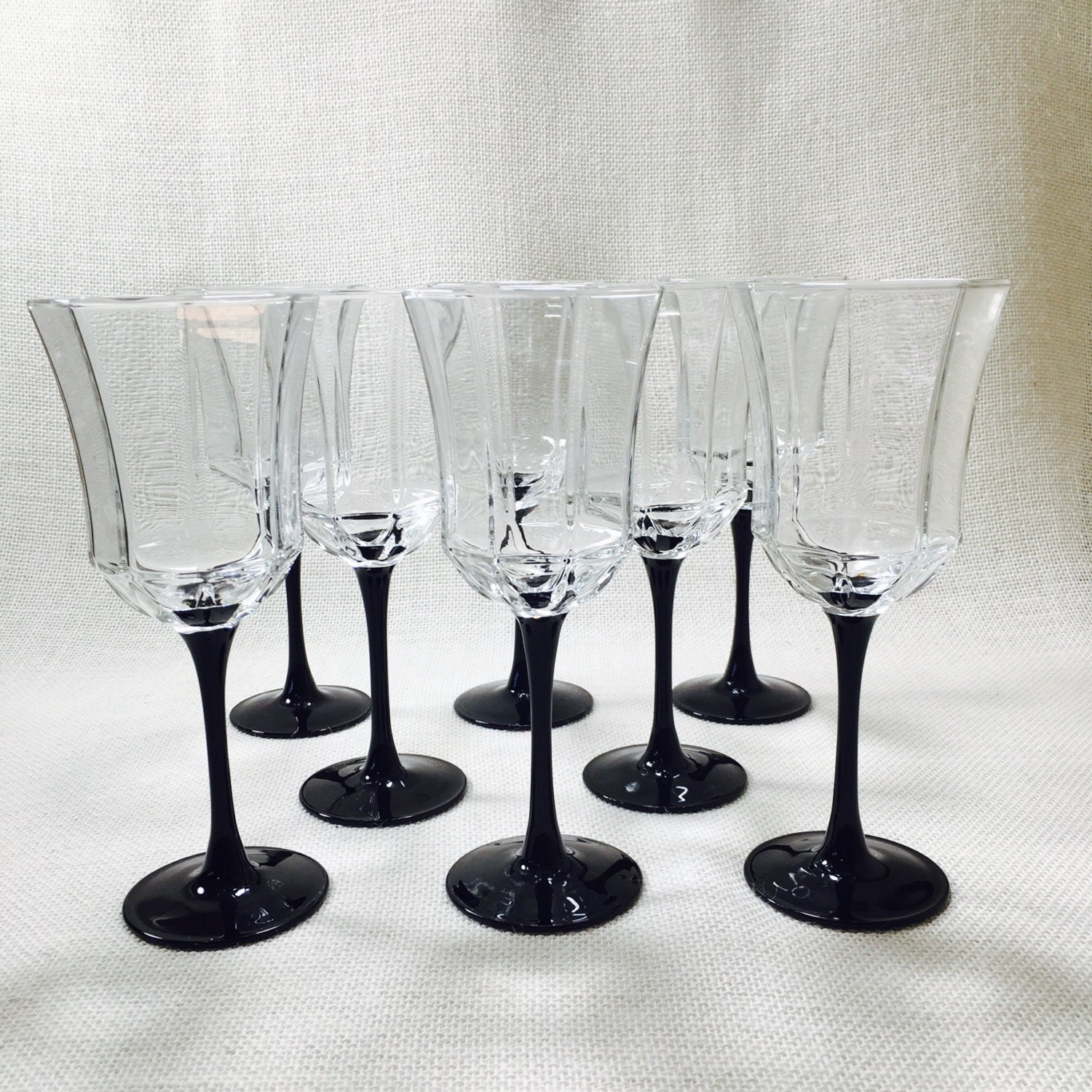 Vintage Black Stem Octagon Wine Glasses Luminarc France Set 5239