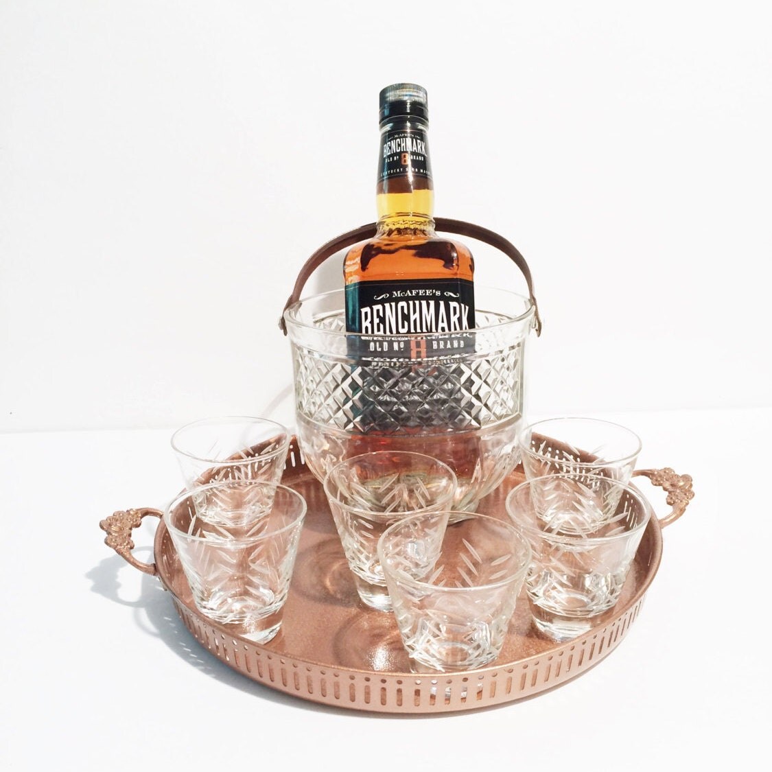 Vintage Whiskey or Scotch Glasses and Ice Bucket Set Retro
