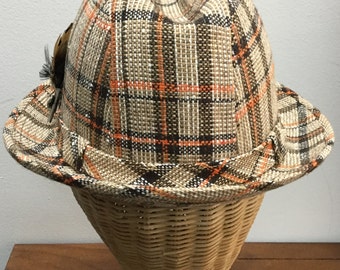 Vintage 1960s Mens Rust and Brown Tweed Fedora with Box, Size Medium