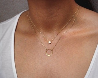 Cz Diamond Layering Necklace, Delicate Circle Necklace, Silver or Gold Karma Necklace / Thin Gold Chain Necklace, Layered Necklace Set
