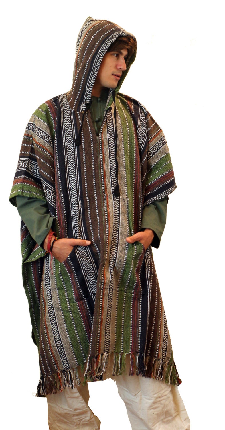 Men's Knit Cotton Long Poncho Hippie Cozy Hood