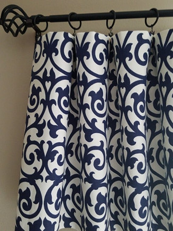 Pair of navy and white curtain drapery panels by Pillowspretty