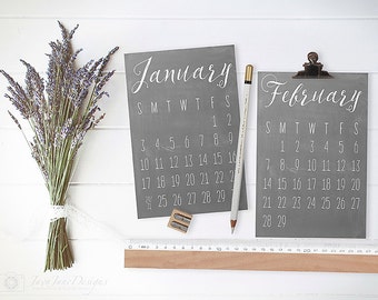 Printable 2017 Desk Calendar | Hand Lettered Chalkboard Calendar Clipart | 4x6 PDF and JPG | Black and White Calligraphy