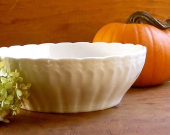 Vintage Mixing Bowl, White Porcelain Serving Dish, Scalloped Edge, Relief Pattern, Vegetables or Salad, Tableware Dinnerware, Farmhouse