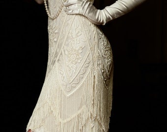 Ivory Beaded Vintage Flapper 1920's Wedding Dress,The Great Gatsby, Downton Abbey, Vintage Bride, Boudoir, Charleston