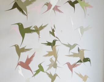 Hummingbird Mobile-home decor, nursery mobile, pink and sage, kids, gifts, hanging mobile, bird mobile, round mobile.