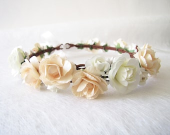 Champagne Color Wedding Floral Crown, Wedding Flower Headband, Floral Head Wreath, Bridesmaid Floral Crown, Flower Girl Floral Crown