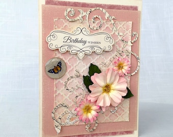 Birthday Card, Handmade Flowers Card, Vintage Card, Shabby Chic Card, Pink Flowers, Hand Painted, Embossed, Flourishes