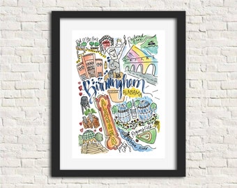Birmingham, Alabama Watercolor Handlettered Wall Art Print 8x10 in.