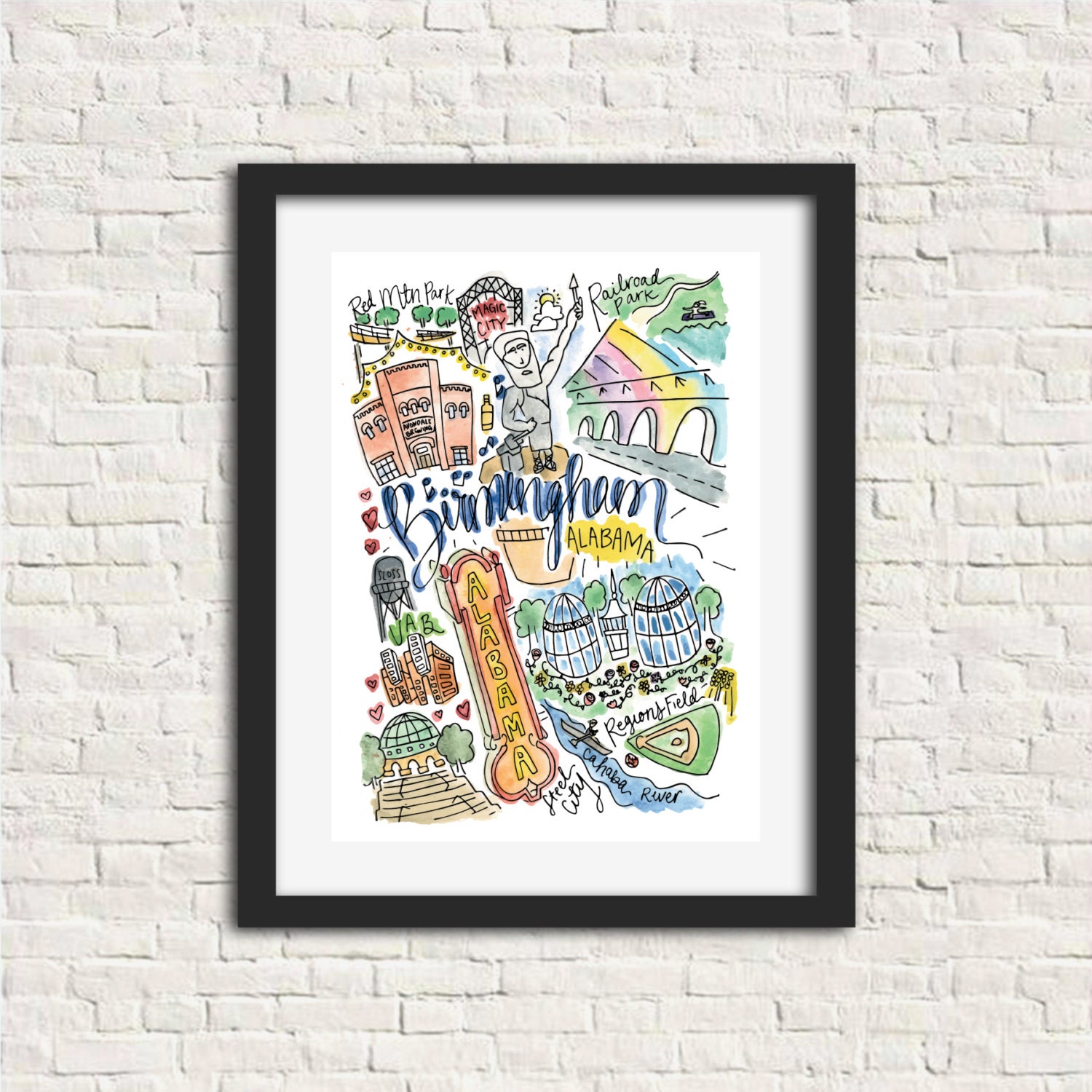 Birmingham Alabama Watercolor Handlettered Wall Art Print