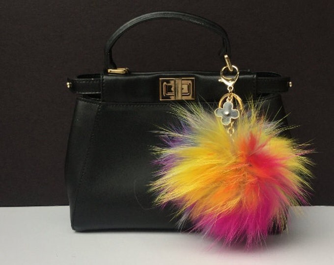 NEW Dimensional (piece no.405) Rainbow Raccoon Fur Pom Pom luxury bag leather strap and gold buckle