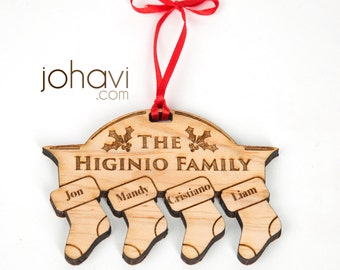 Custom Personalized Family Christmas Ornament. Stockings on a fireplace with your names. Family Ornament, Solid wood family christmas