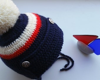Boy's hat, earflap hat, crochet hat, Pompom hat, Merino wool hat, navy blue hat, aviator hat, pilot hat, All sizes available, Made to order