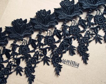 Black Venice lace Trim Exquisite Rose Flower Embroidered Floral Lace 6.69 Inches Wide 1 Yard YL098