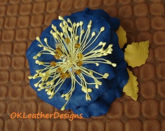 Blue Leather Flower Hair Clip/Brooch with the Yellow Leaves