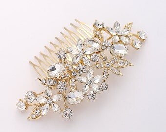 Gold Bridal Comb, Rhinestone Hair Pin, Crystal Gold Bridal Hair Piece, Gold Statement Bridal Headpiece, Wedding Hair Accessory