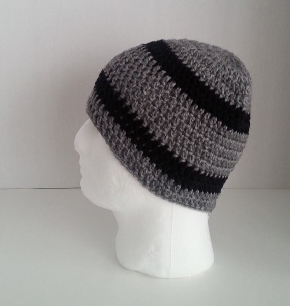 Mens Crochet Beanie Men's Crochet Hat TwoToned Gray and