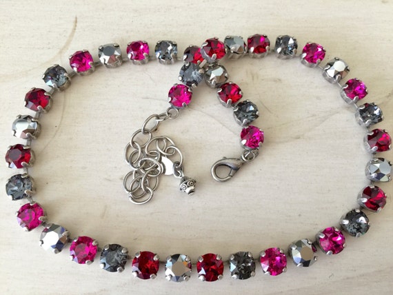 Camellias n Chrome Pink & Gray Crystal Collar Necklace