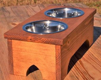 Elevated Dog Bowl Stand; Raised Dog Feeder; Medium Dog Bowl Stand; Rustic Wood Dog Bowl Stand; Raised Dog Feeder;Feeder With Stainless Bowls