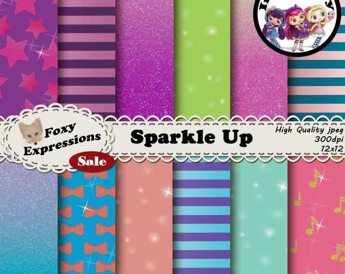 Sparkle Up inspired by Little Charmers in pink, purple, green, and blue. Designs include sparkles, glitter, stripes, bows, stars, & notes