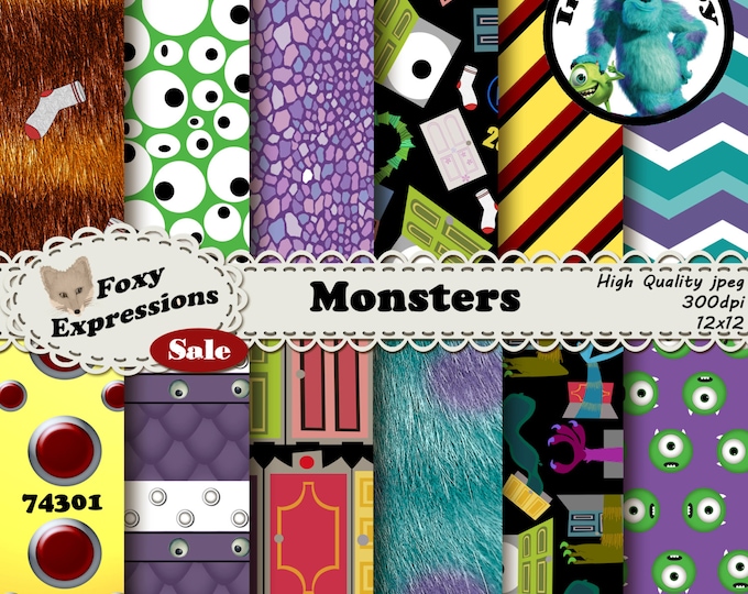 Monsters digital paper inspired by Monster Inc. Designs include Mike, Sully, Randall, code 23-19, Boo, Closet Doors, CDA, and more monsters!