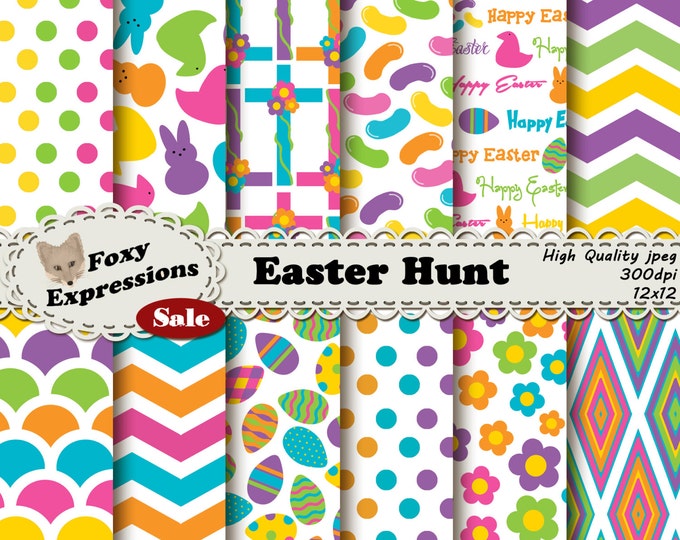 Easter Hunt Digital Paper Pack comes in bright spring colors. Designs include easter eggs, jelly beans, crosses, peeps candy, flowers & more