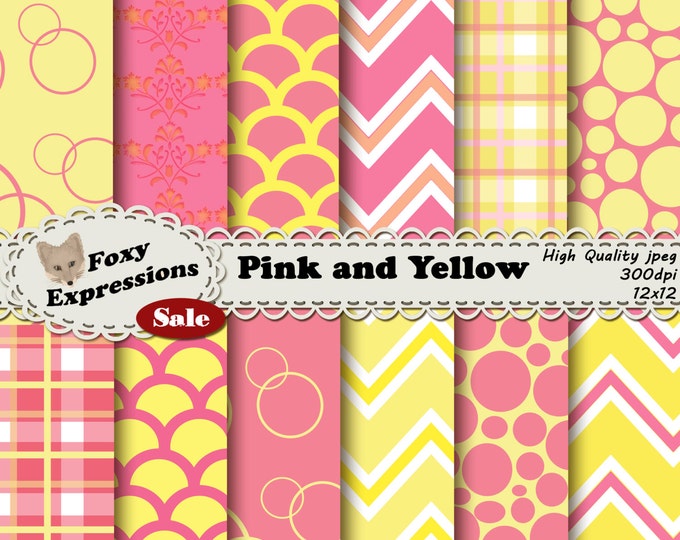 Pink and yellow digital scrapbook paper pack comes in chevron, scales, plaid, bubbles & damask designs in pretty shades of pink and yellow.