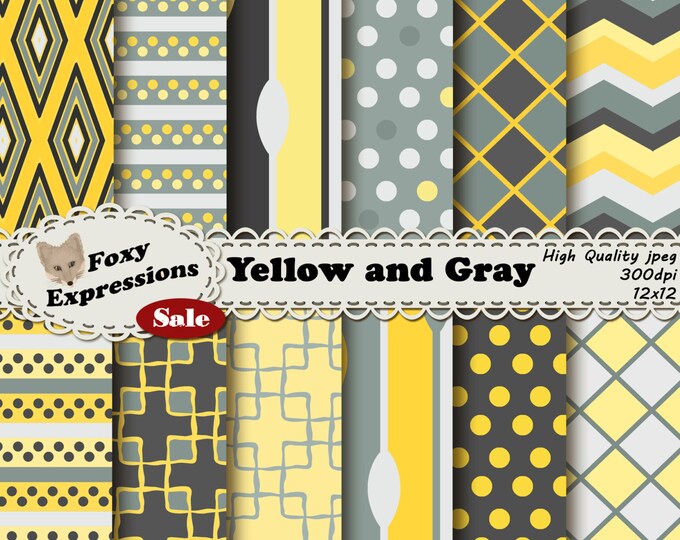 Yellow and Gray Digital Paper comes in several shades of yellow and gray in fun diamonds, polka dots, damask, spoons, checkers, stripes, etc