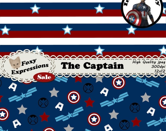 The Captain digital paper inspired by Captain America. Comes with stars, stripes, captains america shield, Avengers A, Agents of Shield logo