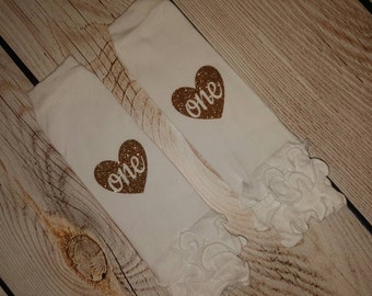 BLING White and Gold Glitter Baby One Leg Warmers with Hearts and Ruffles, Baby Leg Warmers, Gold Baby Leggings with Glitter Hearts 1st Bday