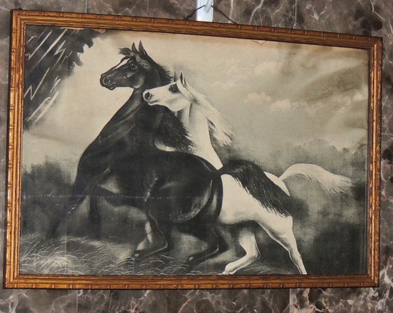 Antique Wild Horses Print Framed In Old Wooden Light Worn Gold