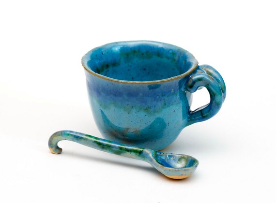 Ceramic blue coffee tea cup with spoon handmade