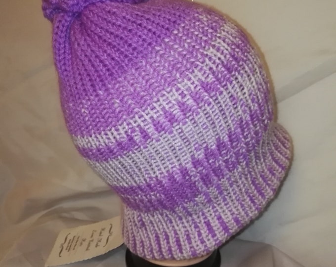 Lilac & White striped RETRO colour mix Handmade bobble slouch hat double knit extra thick #retro #handmade #knitwear