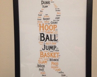 Basketball Word Collage Print, Fathers Day Gift, Birthday Gift For Him, Sports Fan Gift, Baaketball Lover Present, Handmade Gift For Him,